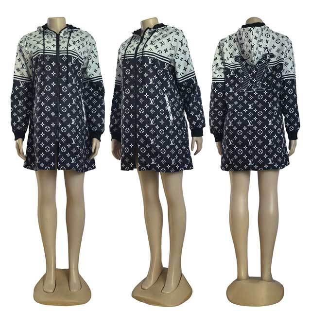 Printed Zipper Fashion Hooded Coat