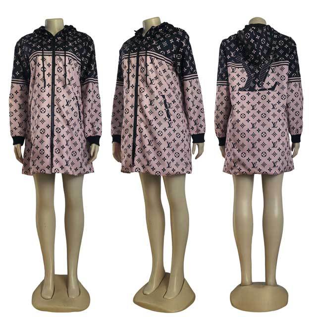 Printed Zipper Fashion Hooded Coat
