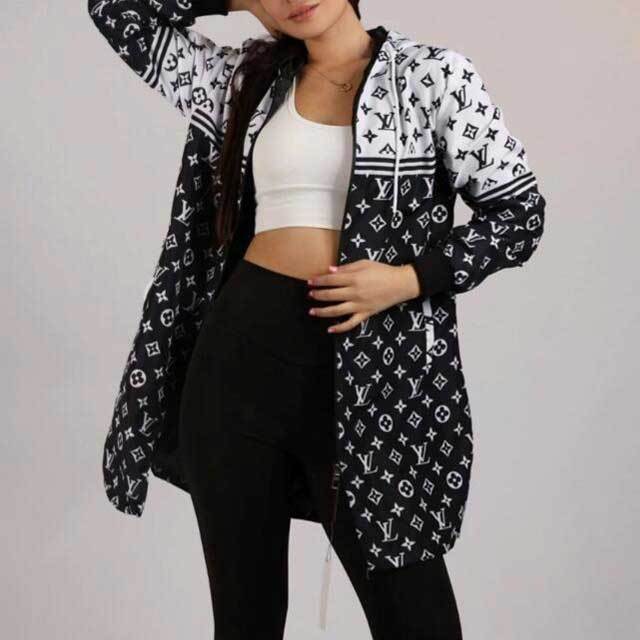 Printed Zipper Fashion Hooded Coat