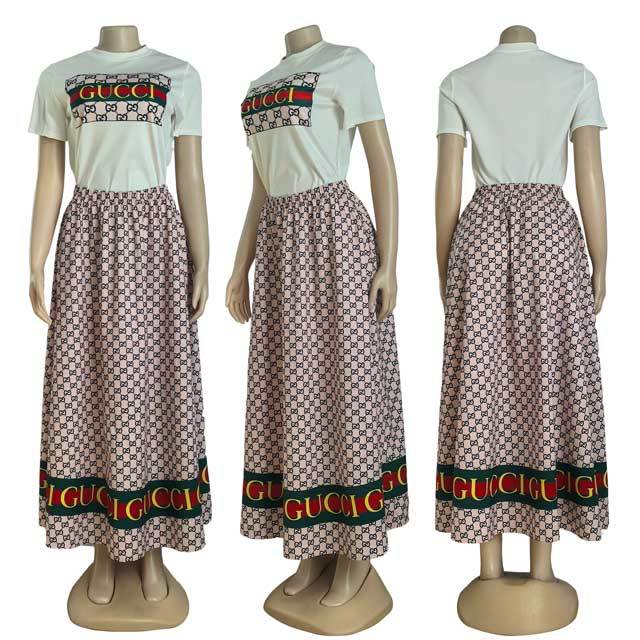 Short Sleeve Tops Printed Maxi Skirt Set