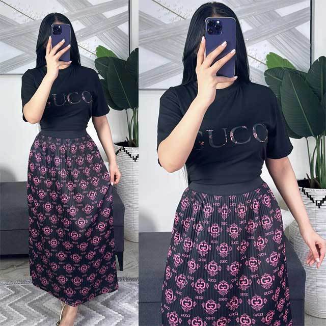 Short Sleeve Tops Printed Maxi Skirt Set