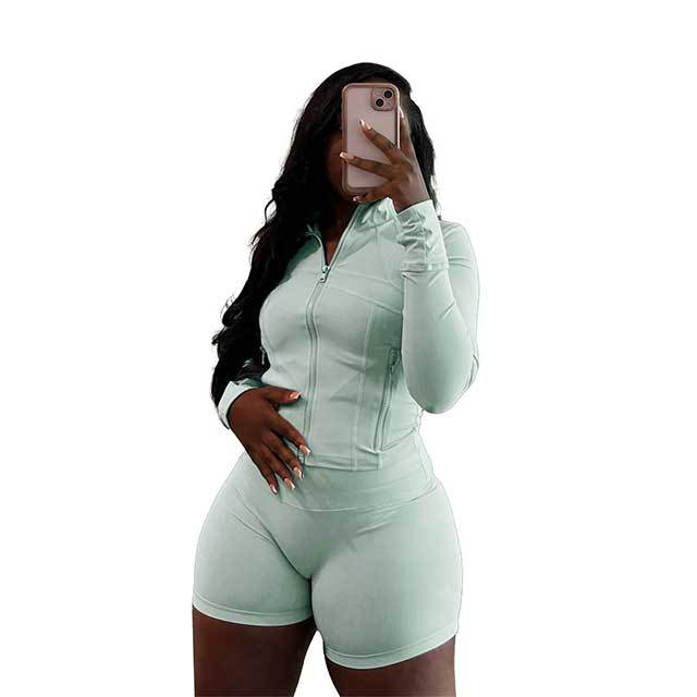 Basic Zipper Fitted Short Tracksuit Set