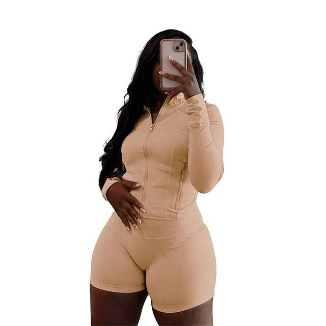 Basic Zipper Fitted Short Tracksuit Set