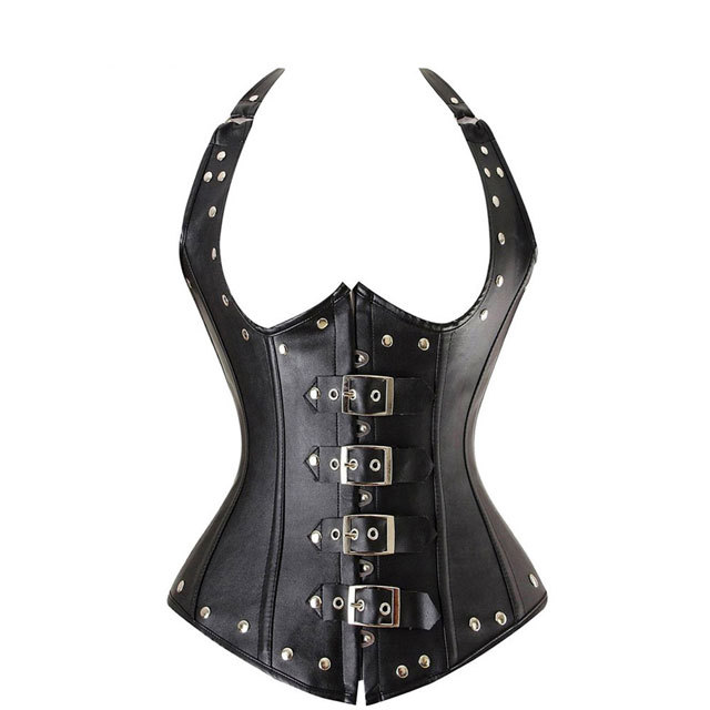 Buckle Straps Steel Boned Leather Waistcoat Corset