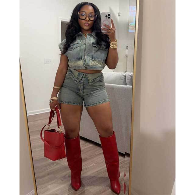 Casual Stretch Denim Color Matching Slim Fit Shorts Suit