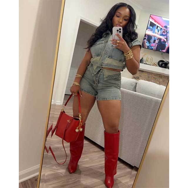 Casual Stretch Denim Color Matching Slim Fit Shorts Suit