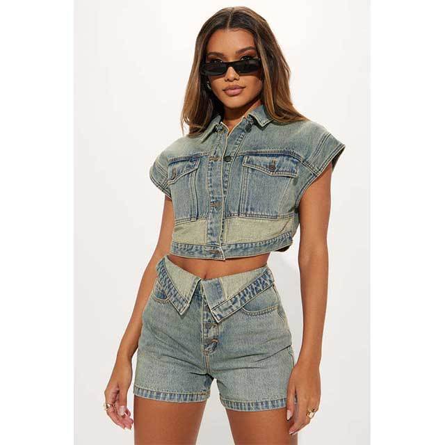 Casual Stretch Denim Color Matching Slim Fit Shorts Suit