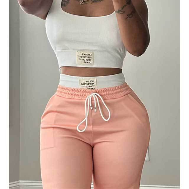 Contrast Color Double Waistband Layered Loose Sports Two-piece Set