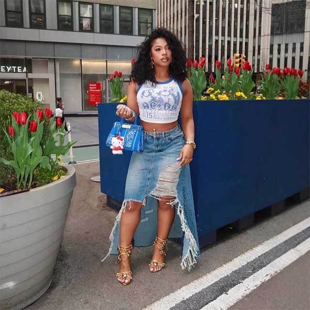 High-waisted Distressed Ripped Denim Skirt