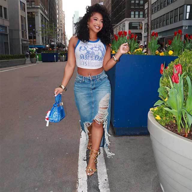 High-waisted Distressed Ripped Denim Skirt