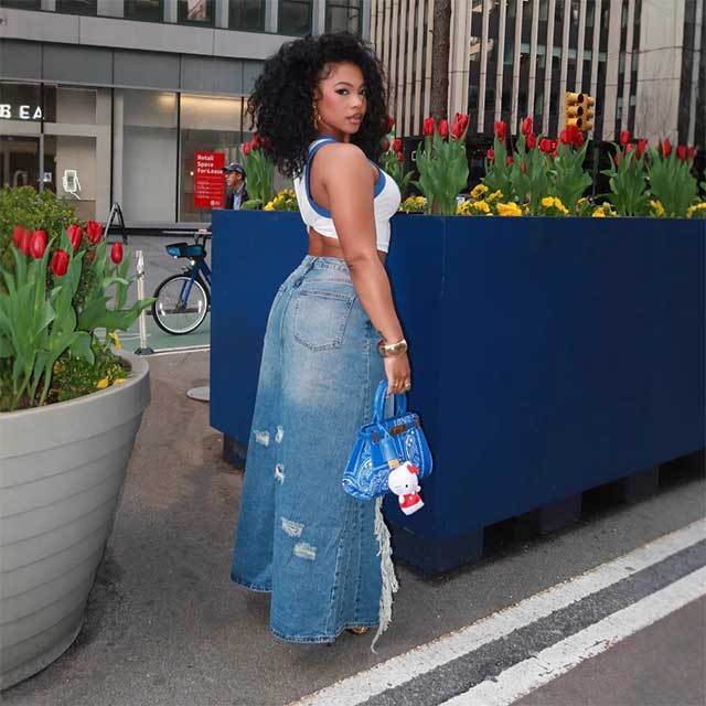 High-waisted Distressed Ripped Denim Skirt