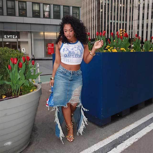 High-waisted Distressed Ripped Denim Skirt