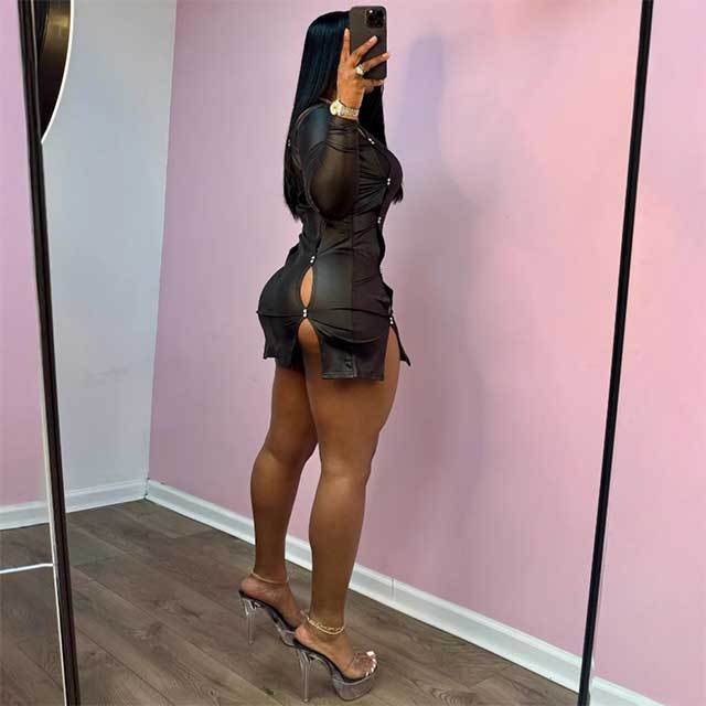 Hollow Out Pu Leather Bodycon Dress