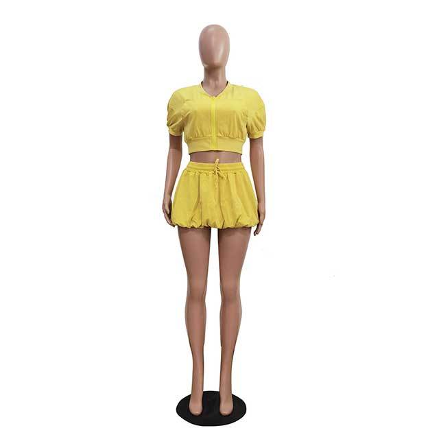 Zipper Up Short Sleeve Crop Top Bubble Skirt Set