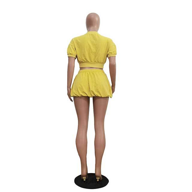 Zipper Up Short Sleeve Crop Top Bubble Skirt Set