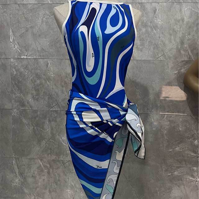 Contrast Color Printed Sleeveless One Piece Swimwear with Scarf