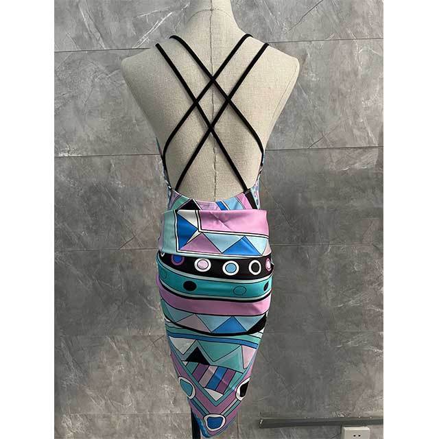 Geometric Printed Criss-cross Backless One Piece Swimwear with Scarf