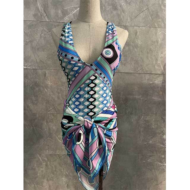 Geometric Printed Criss-cross Backless One Piece Swimwear with Scarf