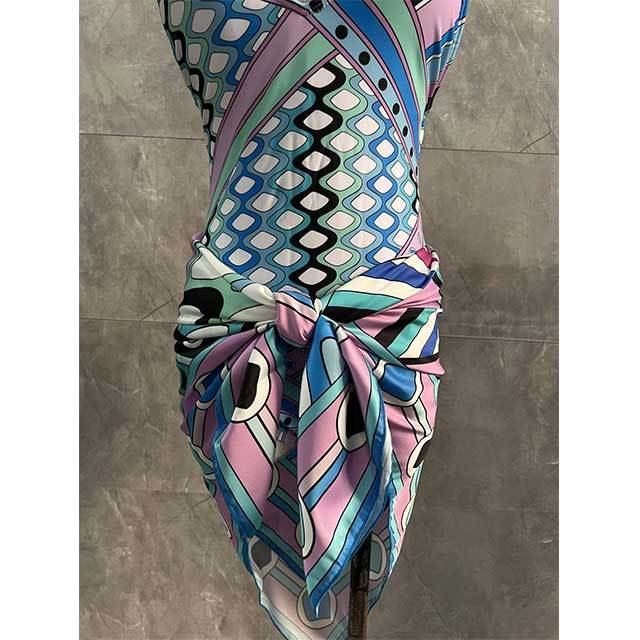 Geometric Printed Criss-cross Backless One Piece Swimwear with Scarf