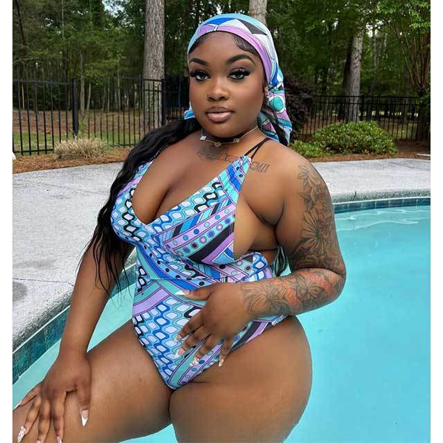 Geometric Printed Criss-cross Backless One Piece Swimwear with Scarf