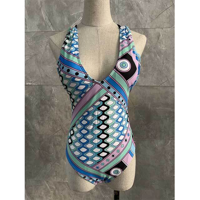 Geometric Printed Criss-cross Backless One Piece Swimwear with Scarf