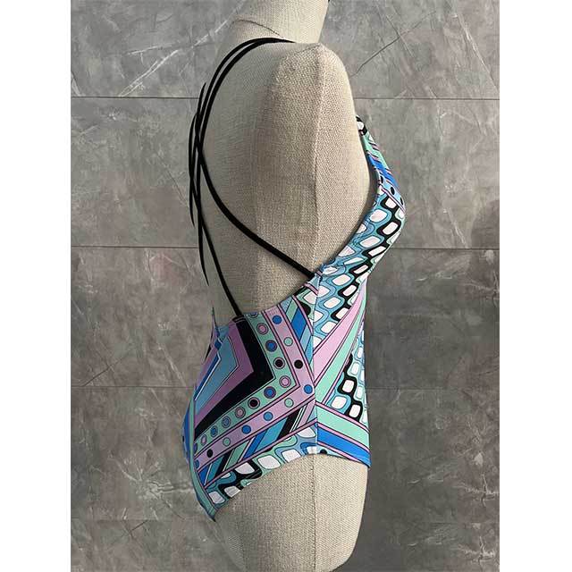 Geometric Printed Criss-cross Backless One Piece Swimwear with Scarf