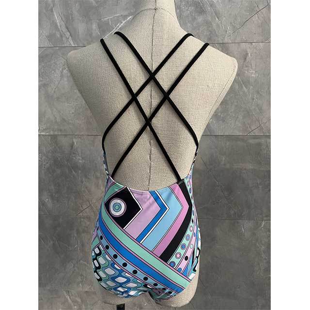 Geometric Printed Criss-cross Backless One Piece Swimwear with Scarf