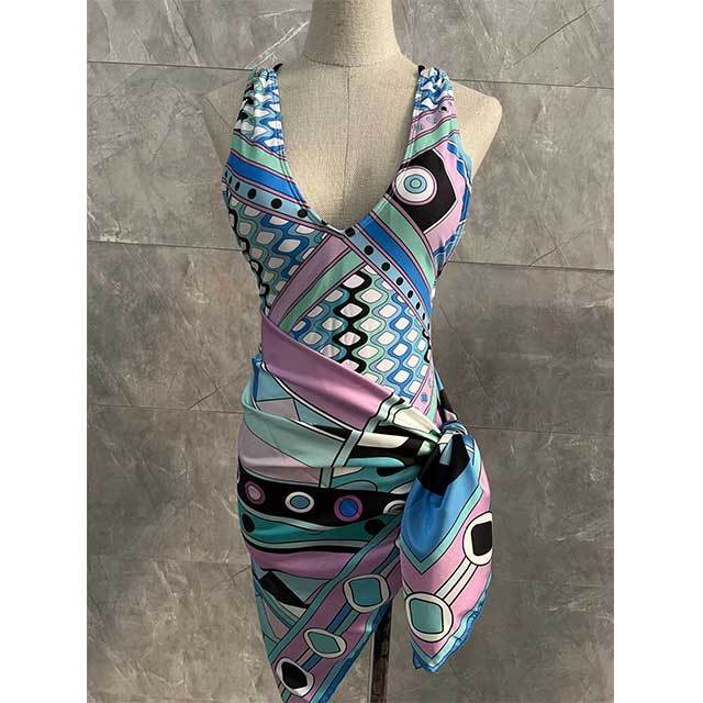 Geometric Printed Criss-cross Backless One Piece Swimwear with Scarf