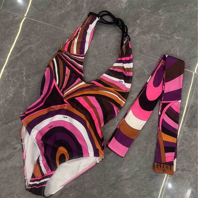 Halter V Neck Printed One Piece Swimwear with Headscarf