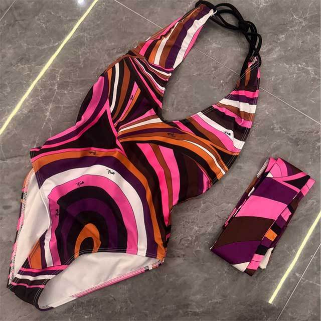 Halter V Neck Printed One Piece Swimwear with Headscarf