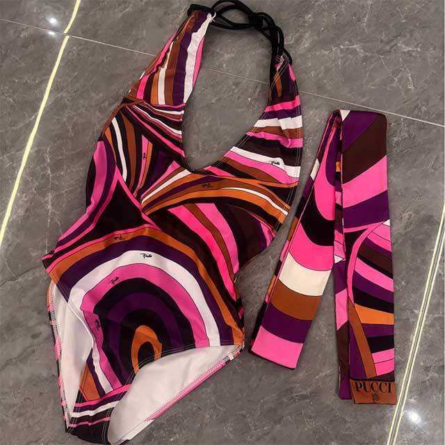 Halter V Neck Printed One Piece Swimwear with Headscarf