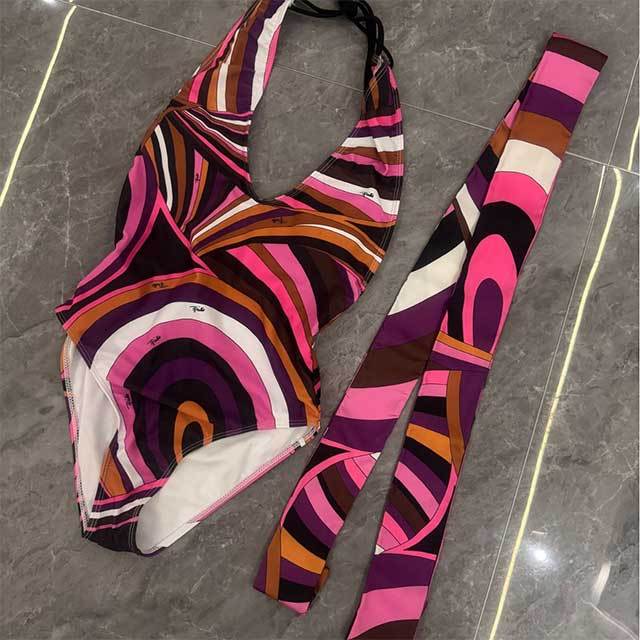 Halter V Neck Printed One Piece Swimwear with Headscarf