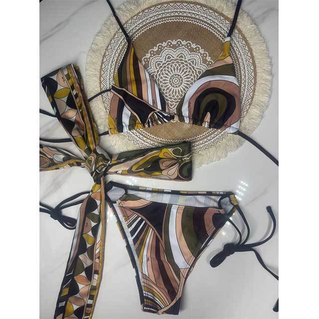 Laced Up Printed Swimwear Bikinis Set with Headband