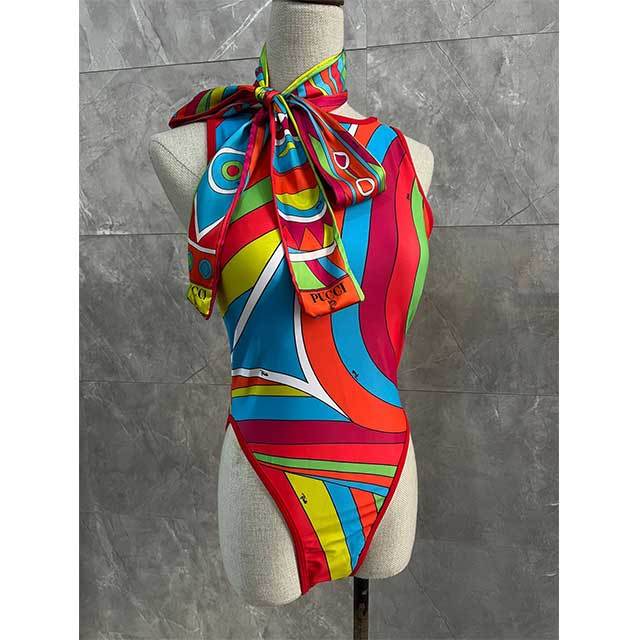 Multi Color Printed Backless One Piece Swimwear With Headscarf