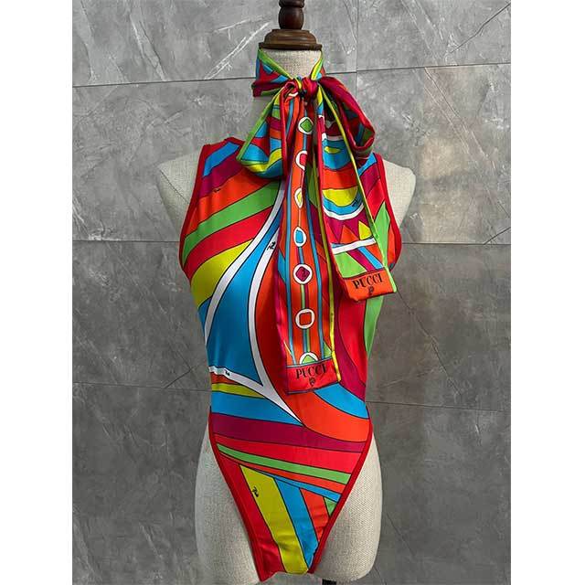 Multi Color Printed Backless One Piece Swimwear With Headscarf