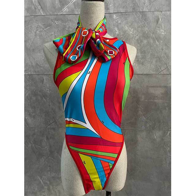 Multi Color Printed Backless One Piece Swimwear With Headscarf