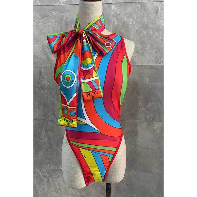 Multi Color Printed Backless One Piece Swimwear With Headscarf