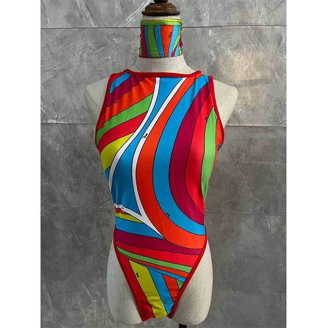 Multi Color Printed Backless One Piece Swimwear With Headscarf