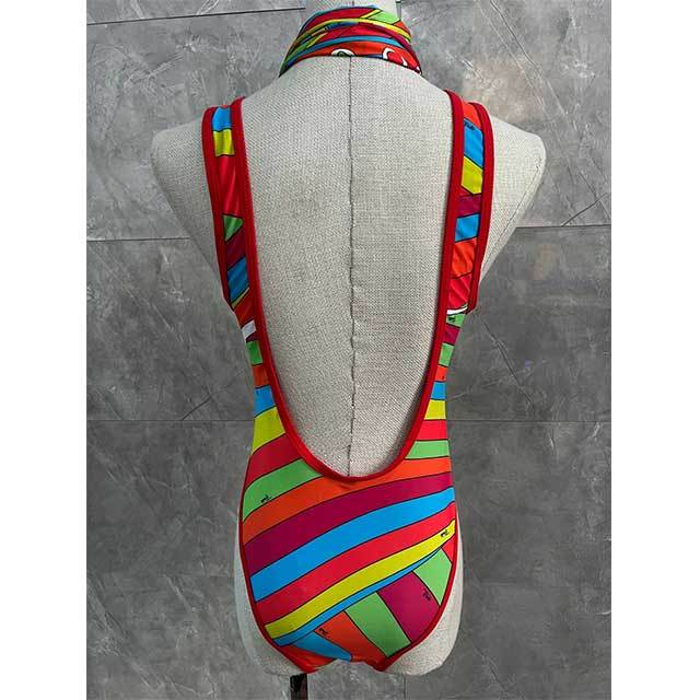 Multi Color Printed Backless One Piece Swimwear With Headscarf