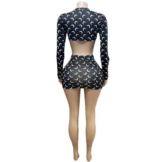 Printed Long Sleeve Crop Top Mini Skirt Set