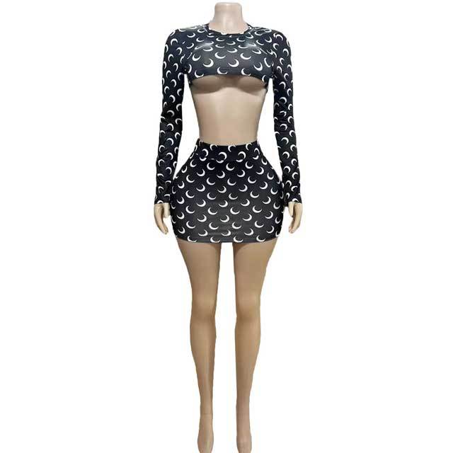 Printed Long Sleeve Crop Top Mini Skirt Set