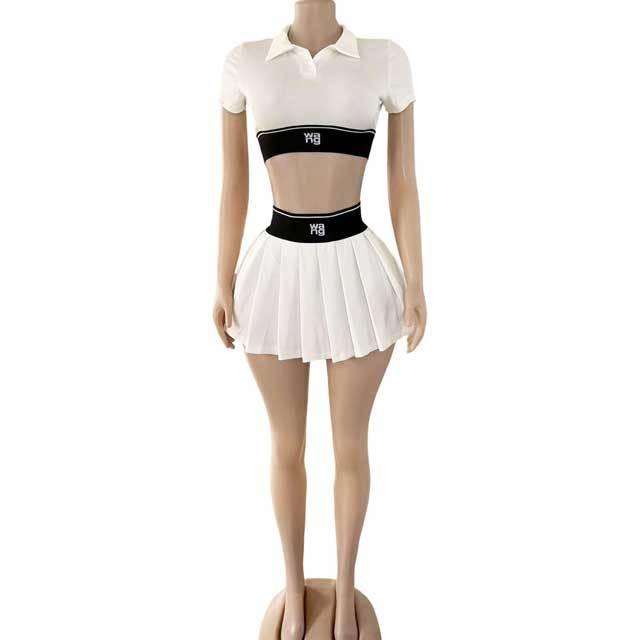 Zip Up Crop Top Pleated Mini Skirt Set