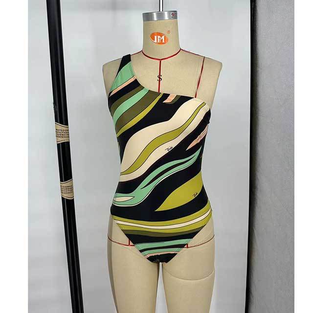 Striped Printed Single Shoulder One Piece Swimwear
