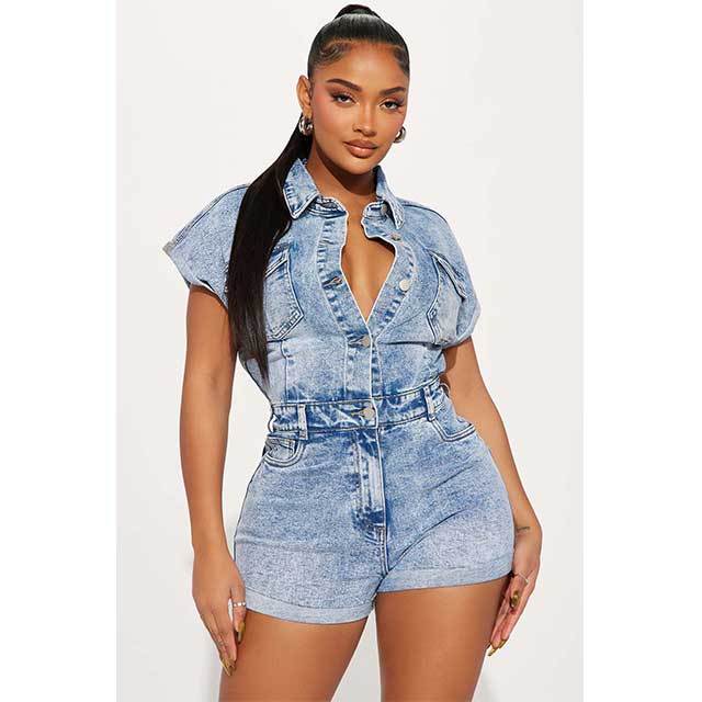Buttons Down Short Sleeve Slim Denim Romper