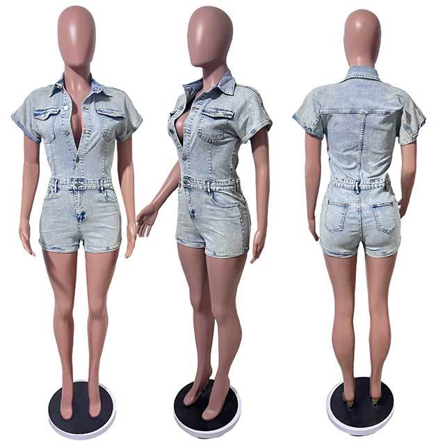 Buttons Down Short Sleeve Slim Denim Romper