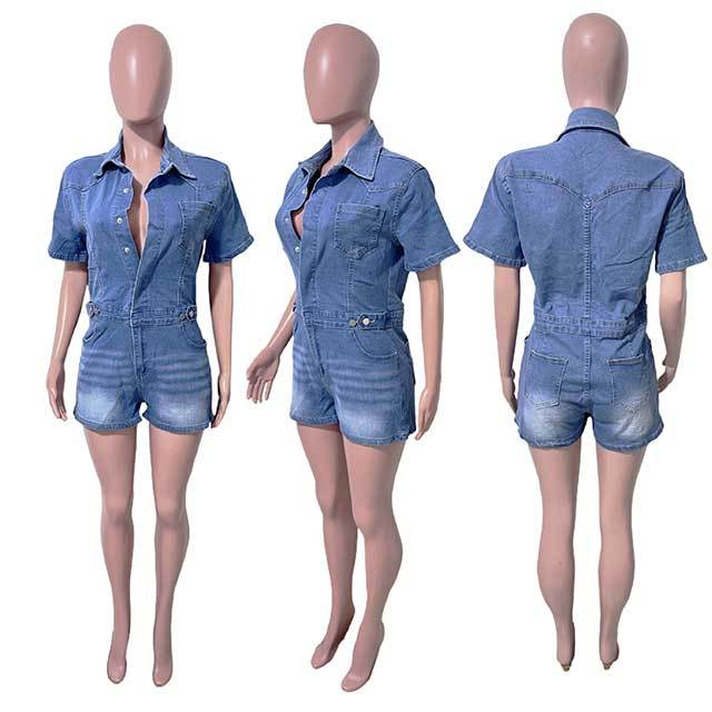 High Elastic Short-sleeved Slim Fit Washed Denim Romper