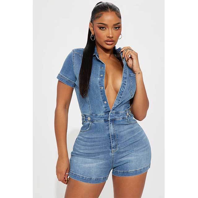 High Elastic Short-sleeved Slim Fit Washed Denim Romper