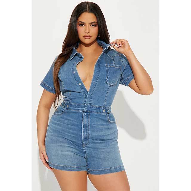 High Elastic Short-sleeved Slim Fit Washed Denim Romper
