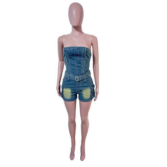 Off Shoulder Tube Top Washed Denim Romper