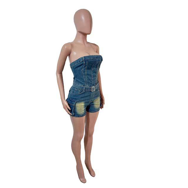 Off Shoulder Tube Top Washed Denim Romper